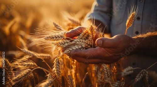 A man strokes the ears of wheat in the field with his hand. Close up view. Generative AI