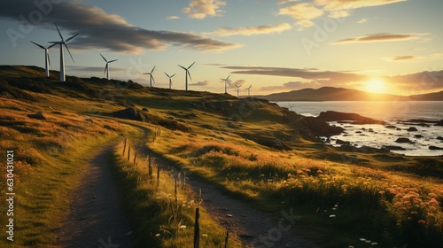 Wind turbine farm at sunset producing renewable energy.