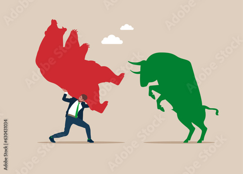 Bear and Bull fighting. Root cause analysis and solving problems, risk analysis assessment. Global economy crash or boom. Vector illustration
