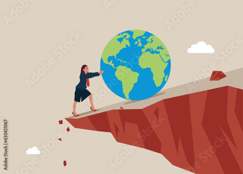 Woman try hard to push the globe from falling off a cliff. Global economic risks. Politics, war, inflation.