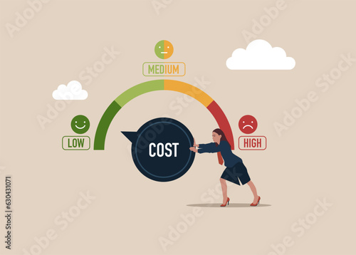Woman turning cost dial to a low. Cost cutting and efficiency concept.  Vector illustration