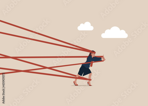 Woman trying to run away with full effort. Business in difficulty. Vector illustration