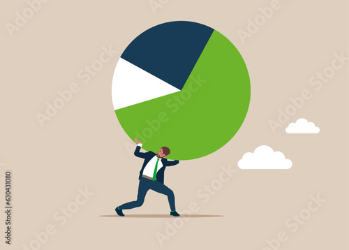 Businessmen bear the cost that is too high. Business market share. Symbol of analysis, statistics, data processing. Cost analysis with database. Vector illustration