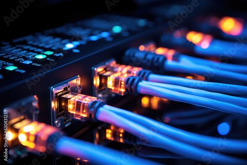 Foto Lan Fiber Optic cable connected to the server, Generative Ai