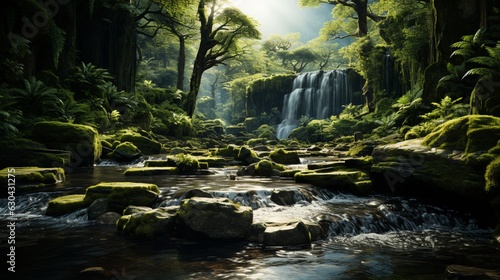 Waterfall cascades in a green forest.