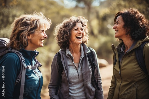 a photo of three diverse middle-aged mature women in trekking clothes sitting hiking together smiling, mature friendship representation. Generative AI technology