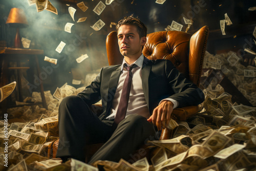 businessman sitting in leather armchair surrounded by flying papers