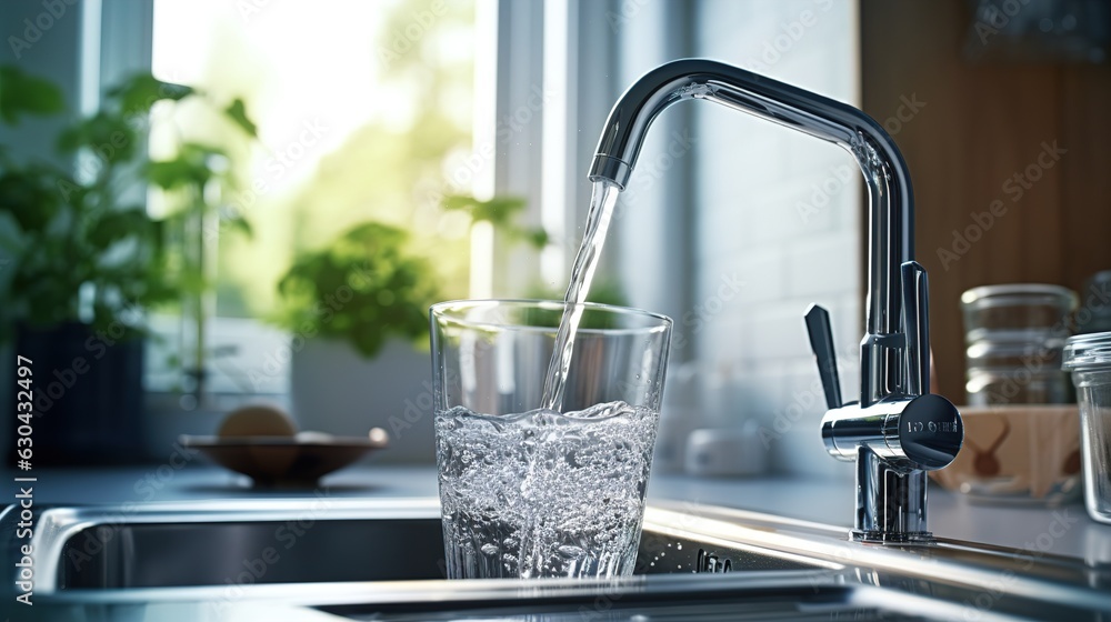 Kitchen water mixer. Water tap made of chrome material, Generative AI Kitchen water mixer. Water tap made of chrome material, Generative AI