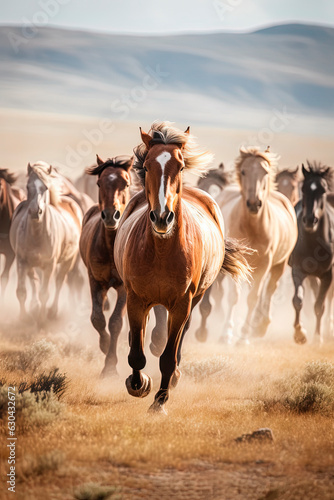 A majestic herd of wild horses galloping free. Generative AI