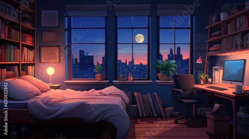 Animated studying lofi background. Late night homework. 2D cartoon character animation with nighttime cozy bedroom interior on background. © Kanisorn