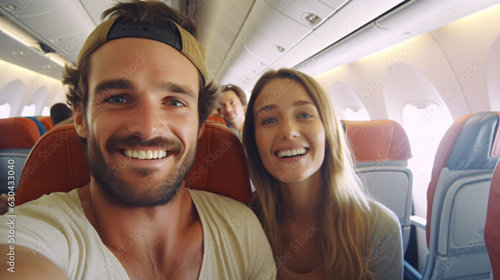 Happy tourist taking selfie inside airplane - Cheerful couple on summer vacation - Passengers boarding on plane - Holidays and transportation concept Happy tourist taking selfie inside airplane - Cheerful couple on summer vacation - Passengers boarding on plane - Holidays and transportation concept