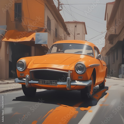 vintage car in the street, orange