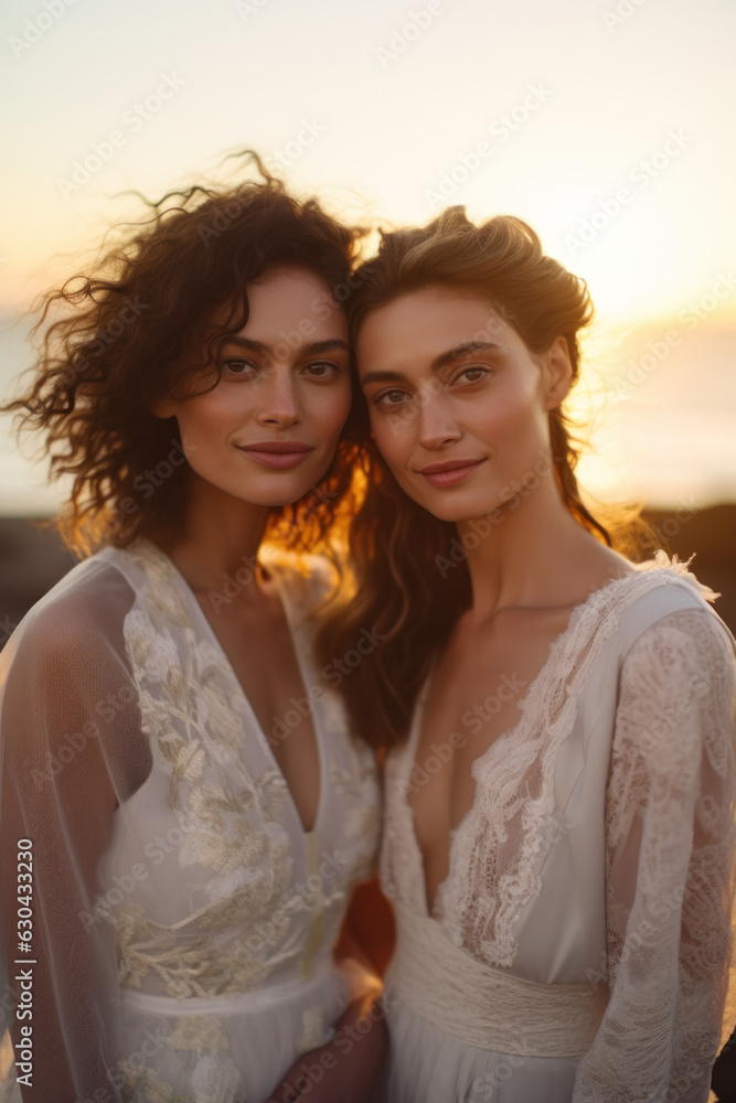 female brides/models/lgbtq + couple in magazine wedding/engagement editorial fashion/beauty photo shoot embracing/kissing autumn colours film photography look - generative ai art female brides/models/lgbtq + couple in magazine wedding/engagement editorial fashion/beauty photo shoot embracing/kissing autumn colours film photography look - generative ai art