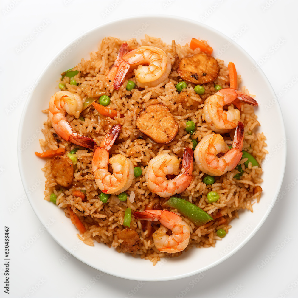 GINGER GARLIC SHRIMP FRIED RICE on white background Ai Generative GINGER GARLIC SHRIMP FRIED RICE on white background Ai Generative