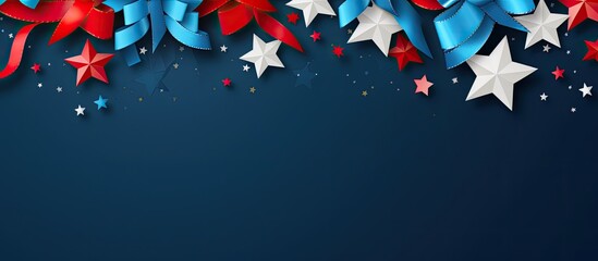 American Independence Day decorations on a blue background, displayed in a flat lay style with a top view. also copy space available.