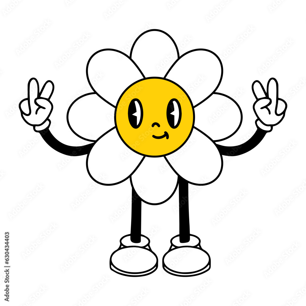 Funny cartoon flower characters. The hero of the emotion daisy comics with elements in the fashionable retro cartoon groovy style. Hands in gloves, and feet in retro shoes. Vector illustration. Funny cartoon flower characters. The hero of the emotion daisy comics with elements in the fashionable retro cartoon groovy style. Hands in gloves, and feet in retro shoes. Vector illustration.
