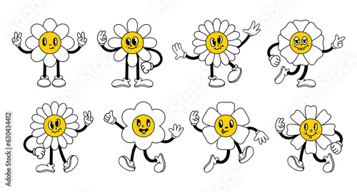 	
Funny cartoon flower characters. Set of comic emotion daisy with elements in trendy retro cartoon groovy style. Hands in gloves and feet in retro shoes. Vector illustration. 