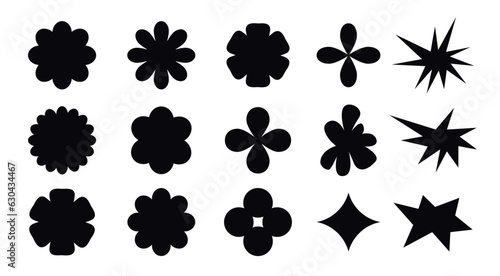 Black template shapes of flowers and blobs on a white background. Chamomile, star, blob and other elements in a fashionable retro style. Vector illustration.