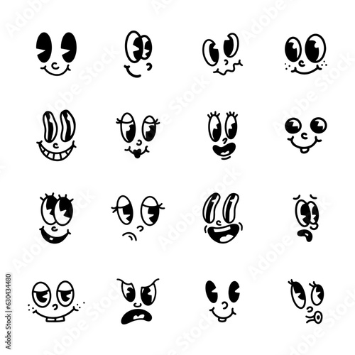 Set emotional faces from cartoons in retro style. Animation character elements of eyes and mouths, a collection of emotions. Vector illustration.