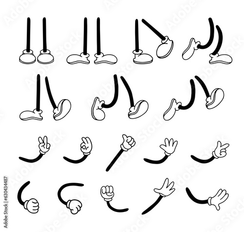 Cartoon hands in gloves and feet in retro shoes. Vintage funny movements and positions for animation body character parts. A vector set of hand gestures in comics and foot poses when walking.
