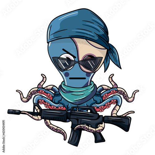 Cartoon military soldier cyborg octopus character with modern machine gun. Illustration for fantasy, science fiction and adventure comics