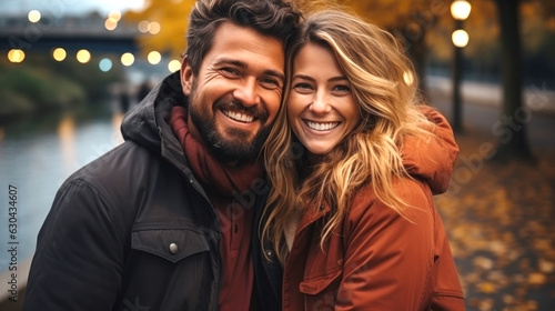 Happy couple in love on a walk.