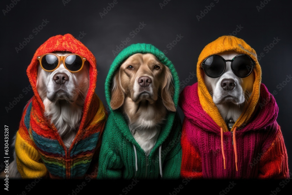 Fototapeta premium Chic Canine Crew: Stylish Dogs Striking Poses in a Modern Studio