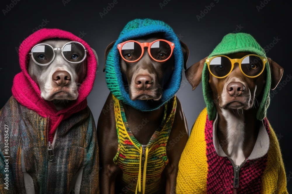Chic Canine Crew: Stylish Dogs Striking Poses in a Modern Studio