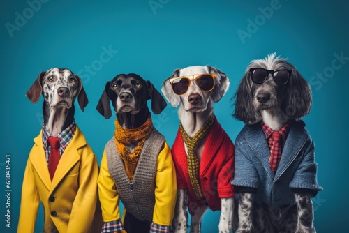 Trendsetting Dog Posse: Stylish Canines Striking Paws in a Modern Studio