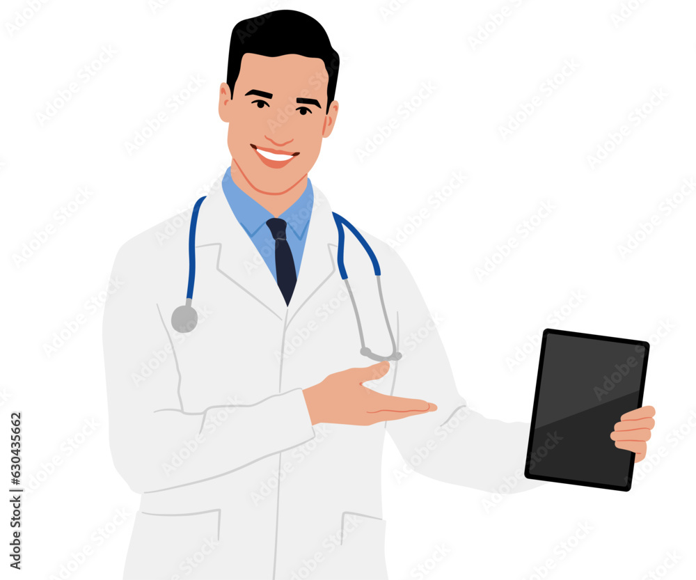 A doctor in a white coat pointed to a tablet. Male healthcare worker. Hand-drawn vector illustration set isolated on white A doctor in a white coat pointed to a tablet. Male healthcare worker. Hand-drawn vector illustration set isolated on white