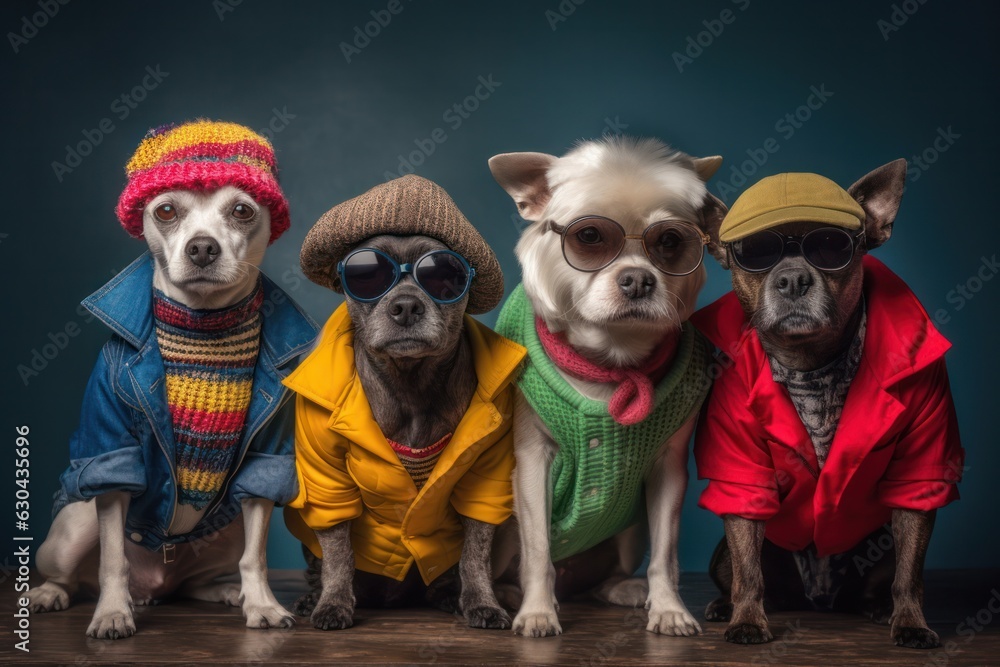 Posh Pup Crew: Chic Canines Flaunting Fashionable Attire in a Modern Setting