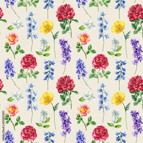 Seamless watercolor floral pattern, rose flowers, poppy, delphinium, green leaves branches. Wildflower design