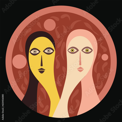 Whimsical vector illustration of two colorfully abstracted faces, symmetrical harmony, light crimson and light black, elegant, emotive faces.