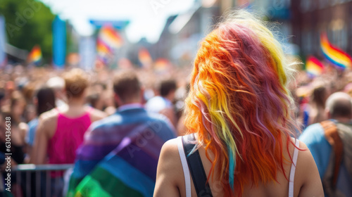 Colorful Hair Girl Turn Your Back On The Crowded Gay Pride Day Demonstrations, LGBTQ+ Pride Month, Generative AI