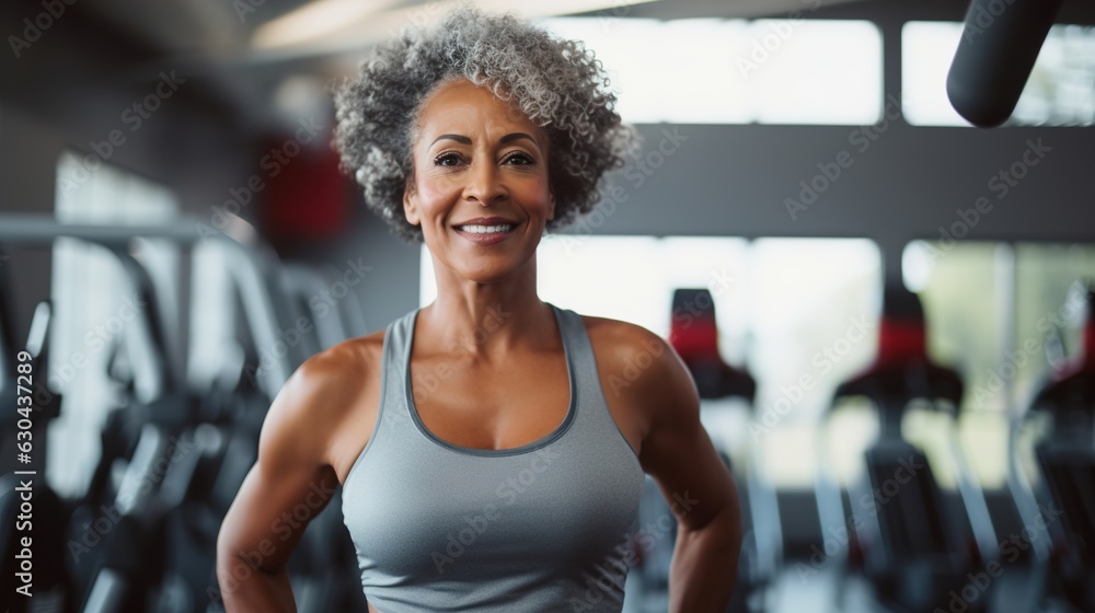 Portrait of an elderly dark-skinned curly woman on the background of the gym