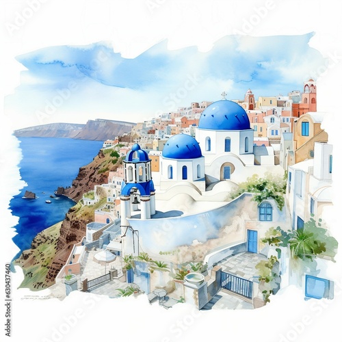 Enchanting Santorini: Dreamy Watercolor Escape in Greece, Azure Bliss",