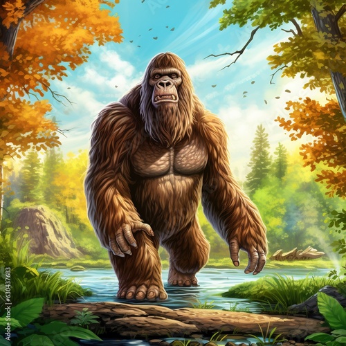 gorilla in the winter forest. BIg foot illustration. generative ai photo