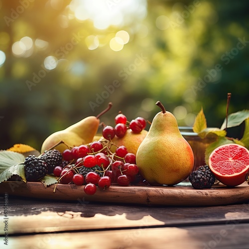 fruit spread on a wooden table outdoors during the day