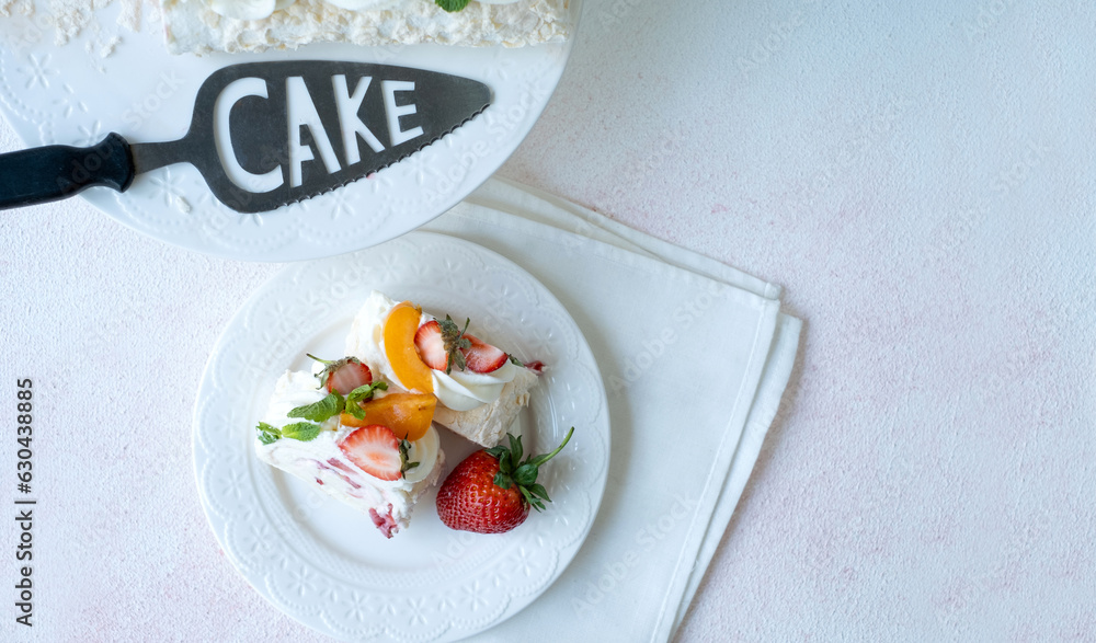 Delicious cake with fruit on a light background Delicious cake with fruit on a light background