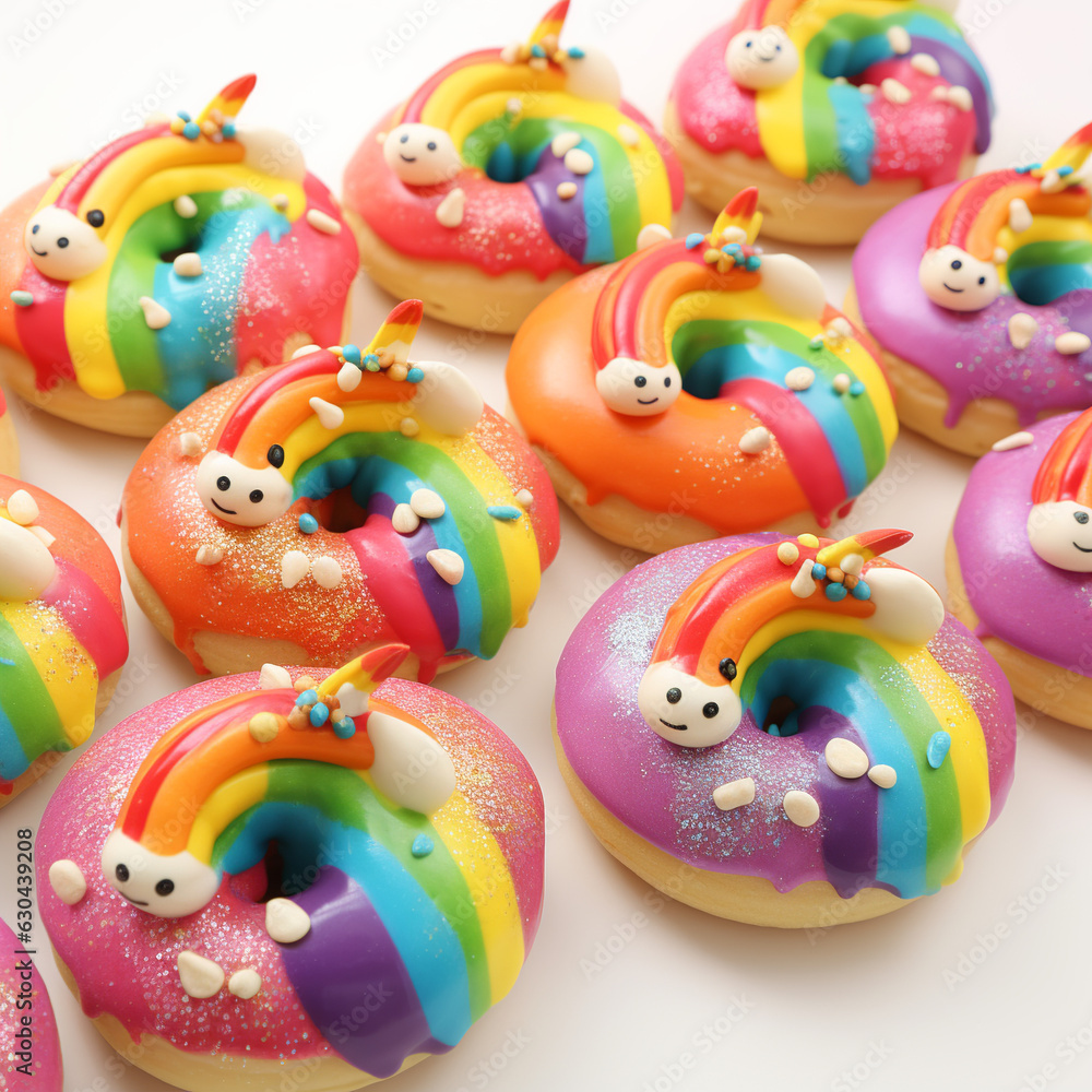 Rainbow bagels are made by baby unicorns on white background AI Generative