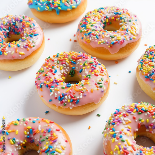 Rainbow bagels are made by baby unicorns on white background AI Generative