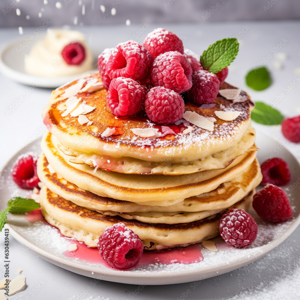 Ricotta and raspberry pancakes on white background AI Generative
