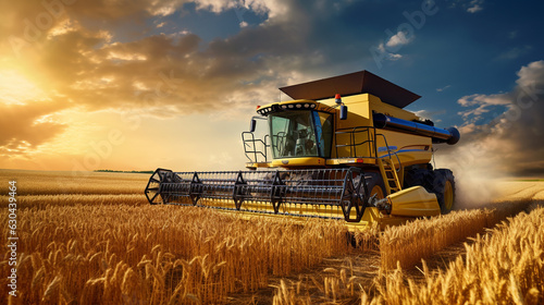 Foto Combine harvester harvests ripe wheat
