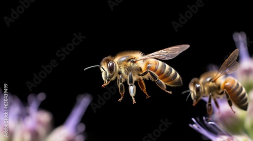 Close up of honey bee collecting pollen on purple flower isolated on black background. generative ai