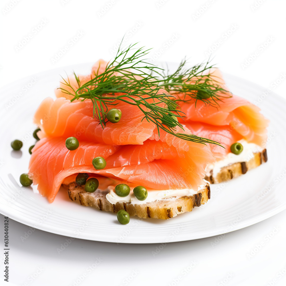 SMOKED SALMON APPETIZER WITH DILL AND CAPERS on white background AI Generative SMOKED SALMON APPETIZER WITH DILL AND CAPERS on white background AI Generative