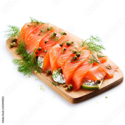 SMOKED SALMON APPETIZER WITH DILL AND CAPERS on white background AI Generative