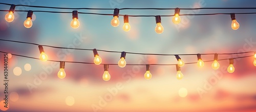 Festive string lights are being used to decorate a party event or festival at sunset. The light bulbs are arranged on a string wire  providing a backdrop against the colorful sky. empty space