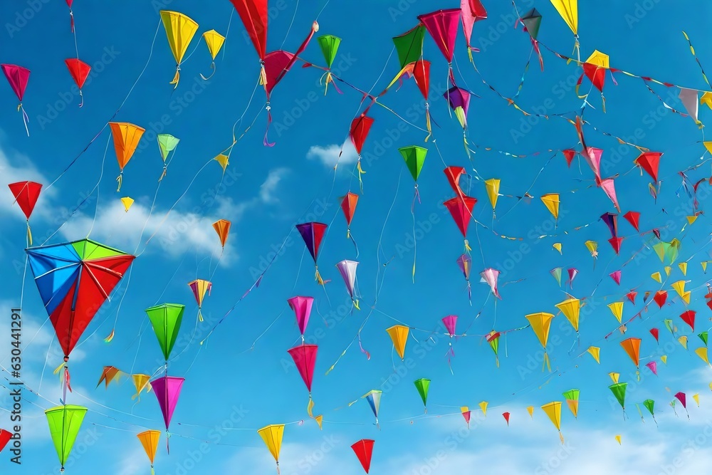Different colored kites flying on the blue sky, by Generative Ai technology