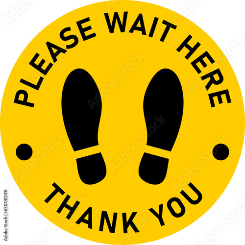 Yellow and Black Please Wait Here Thank You Social Distancing Round Floor Marking Sticker Icon mit Text und Shoeprints. Vector Image.	