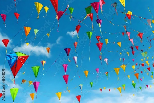 Different colored kites flying on the blue sky, by Generative Ai technology